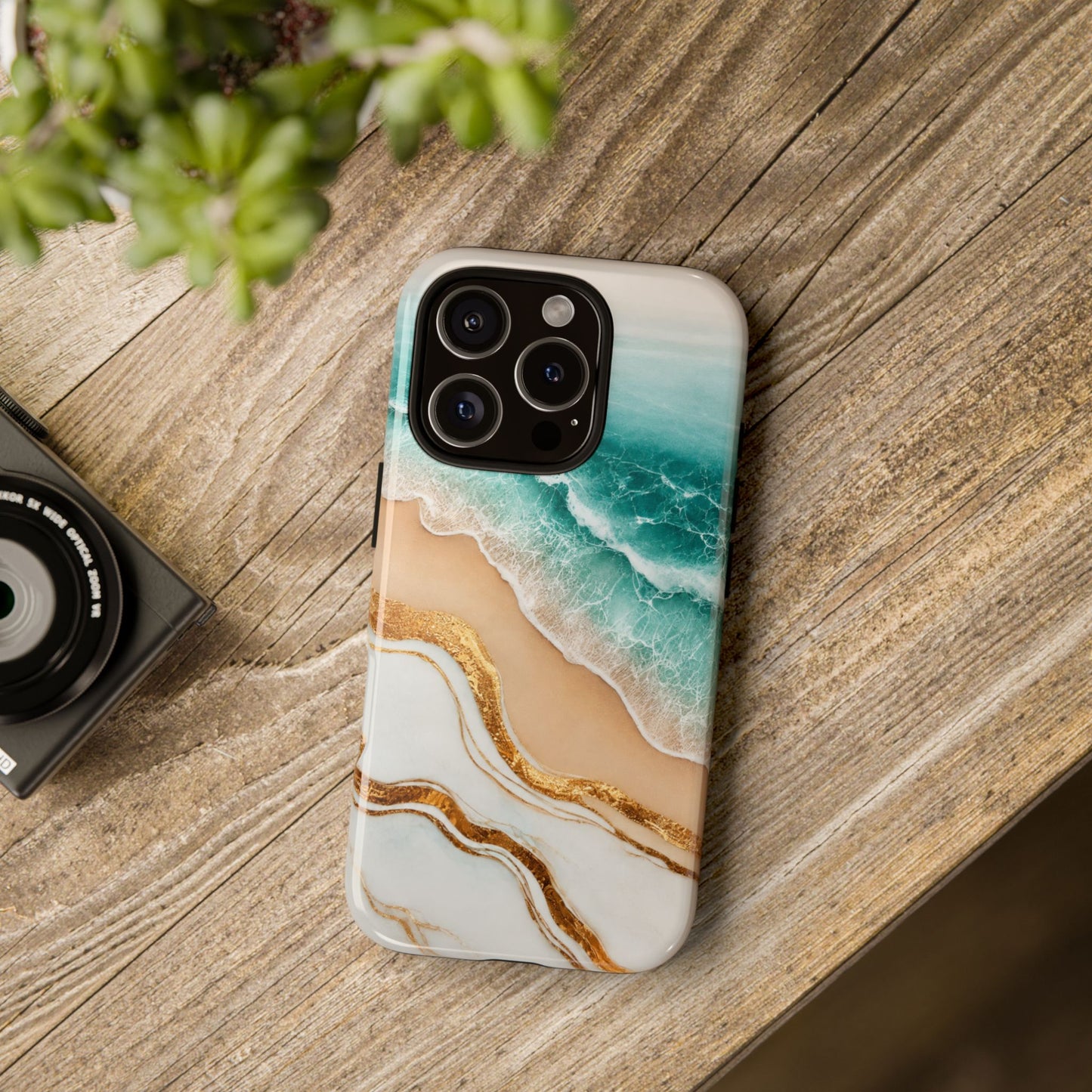 Golden Tide Serenity Phone Case | Ocean Wave & Sandy Beach Design with Gold Accents