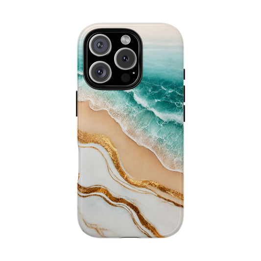 Golden Tide Serenity Phone Case | Ocean Wave & Sandy Beach Design with Gold Accents