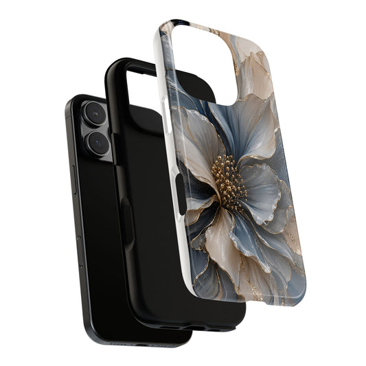 Luxury Blue Sculptural Floral Phone Case | Abstract Gold Petal iPhone Case