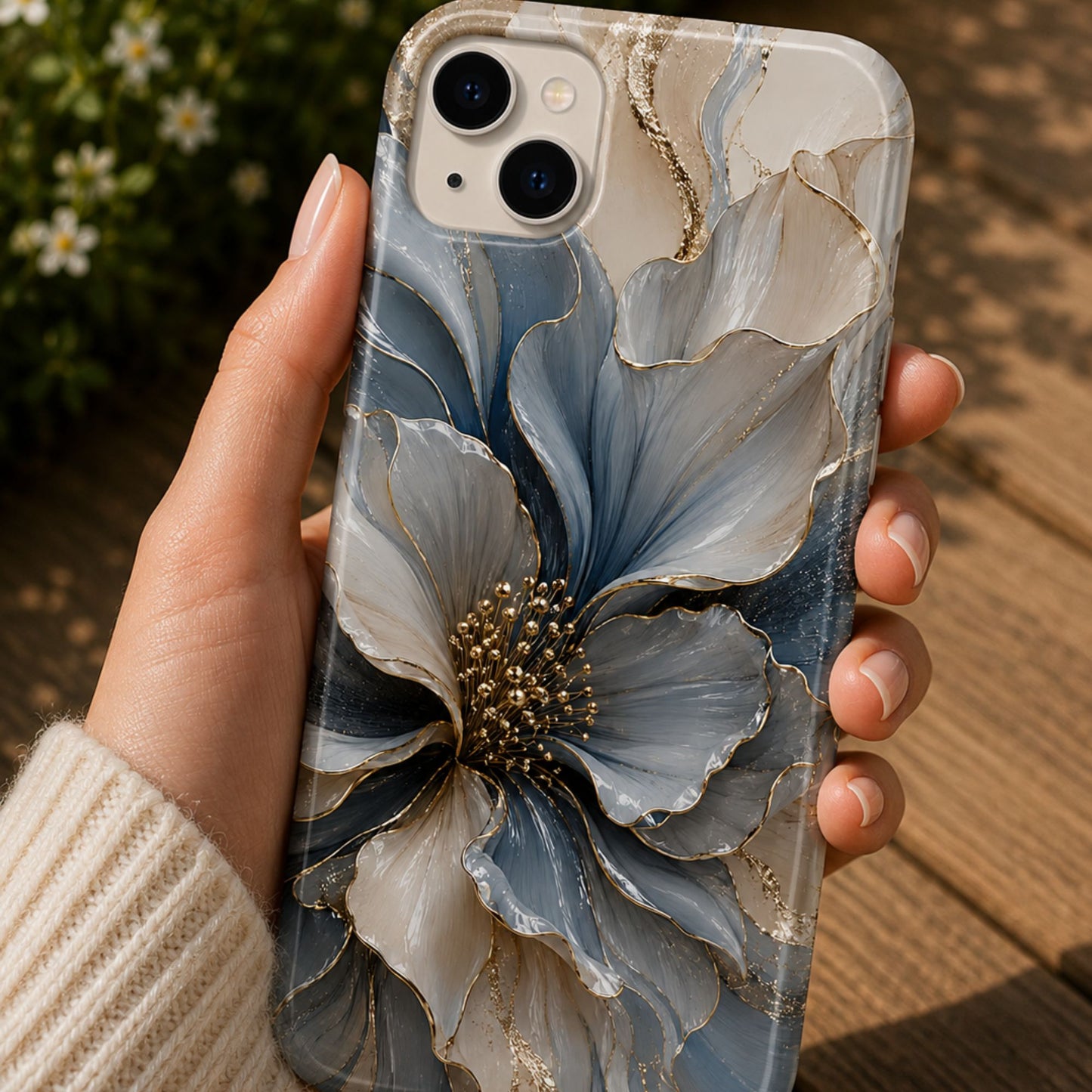 Luxury Blue Sculptural Floral Phone Case | Abstract Gold Petal iPhone Case