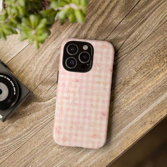 Pink Floral Gingham Phone Case | Soft Coquette Aesthetic , Feminine Pastel Luxury Design
