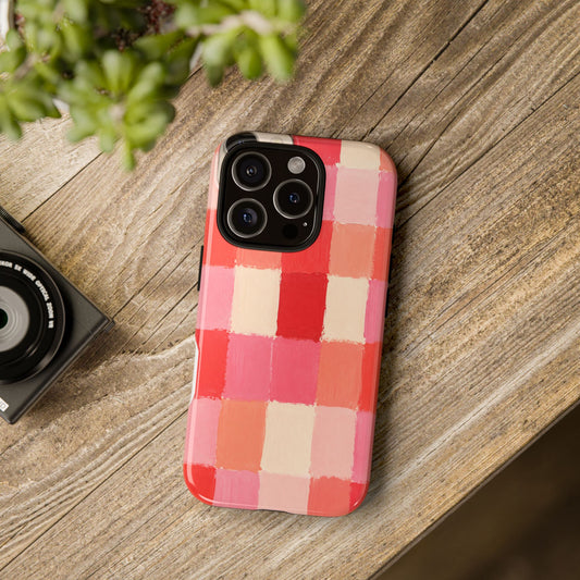 Painterly Gingham Phone Case | Pink Coral Checkered Decor