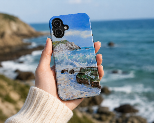 Coastal Wave Painting Phone Case | Ocean Beach Seascape, Rocky Shore