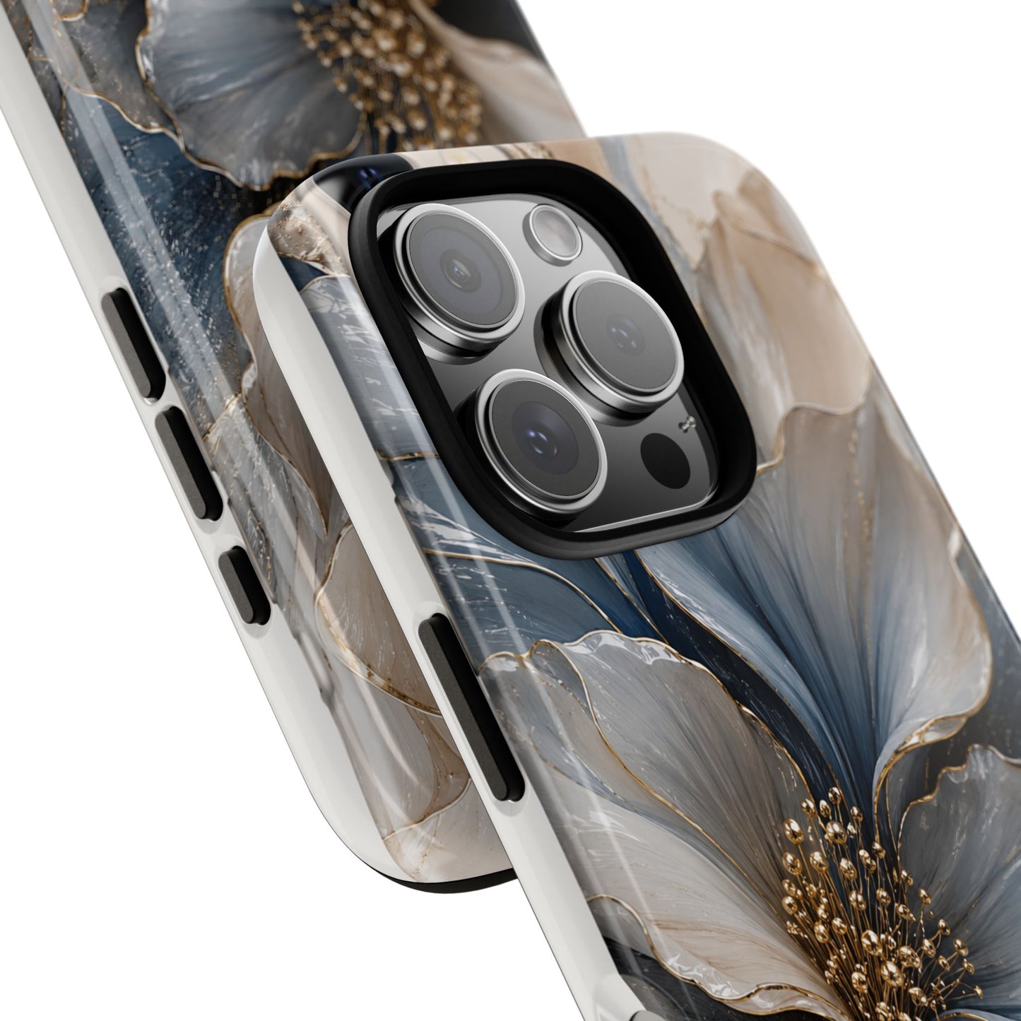 Luxury Blue Sculptural Floral Phone Case | Abstract Gold Petal iPhone Case