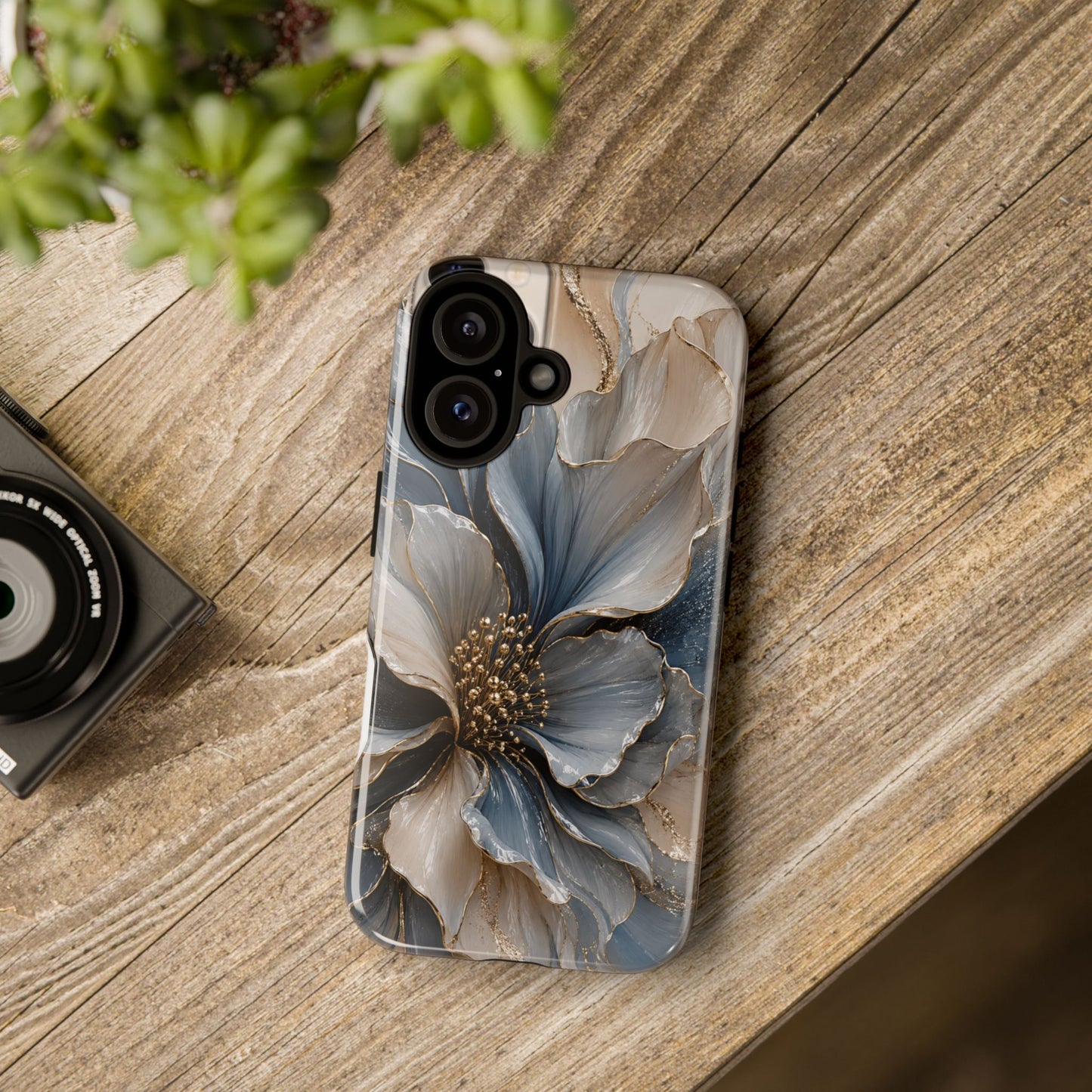 Luxury Blue Sculptural Floral Phone Case | Abstract Gold Petal iPhone Case
