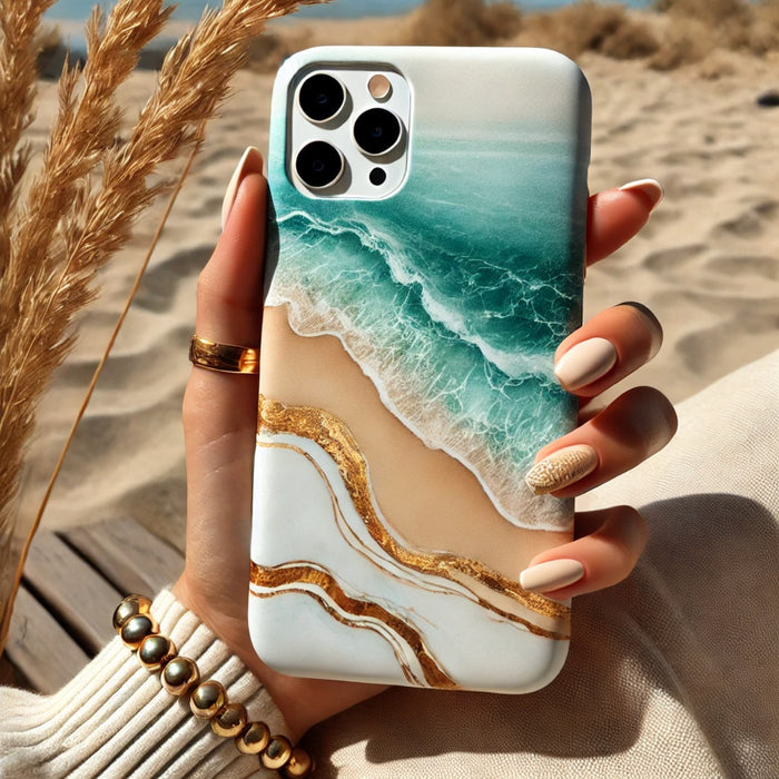 Golden Tide Serenity Phone Case  | Ocean Wave & Sandy Beach Design with Gold Accents