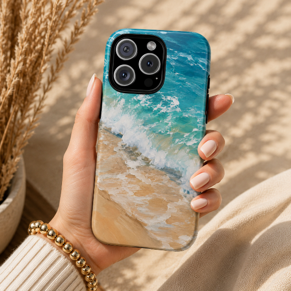 Golden Tide Serenity Phone Case  | Ocean Wave & Sandy Beach Design with Gold Accents