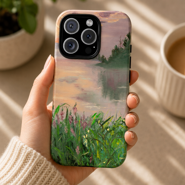 Misty Lakeside Meadow Phone Case – Original Painting by Alina Madan Art