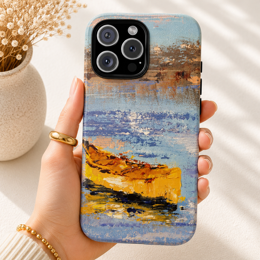 Golden Boat on Water Phone Case – Impressionist Coastal Painting by Alina Madan Art