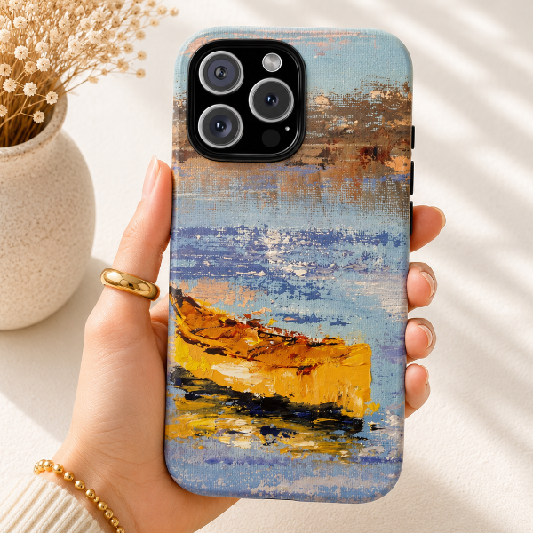 Golden Boat on Water Phone Case – Impressionist Coastal Painting by Alina Madan Art