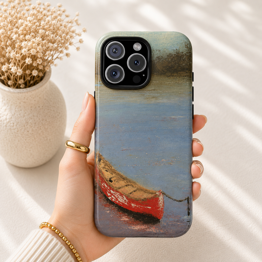 Red Canoe on Calm Water Phone Case – Original Impressionist Lake Painting by Alina Madan Art
