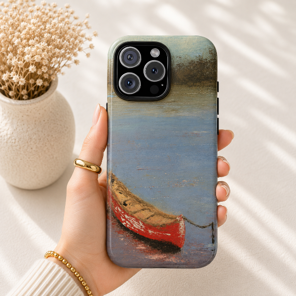 Red Canoe on Calm Water Phone Case – Original Impressionist Lake Painting by Alina Madan Art