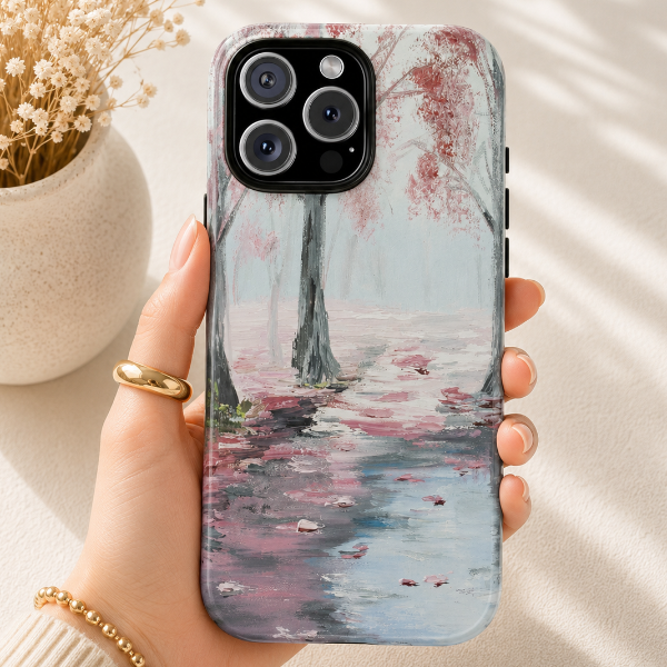 Misty Pink Forest Reflection Phone Case – Dreamy Impressionist Landscape by Alina Madan Art