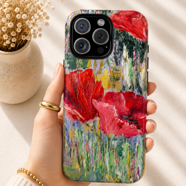 Red Poppy Meadow Phone Case – Expressive Impressionist Floral Art by Alina Madan Art