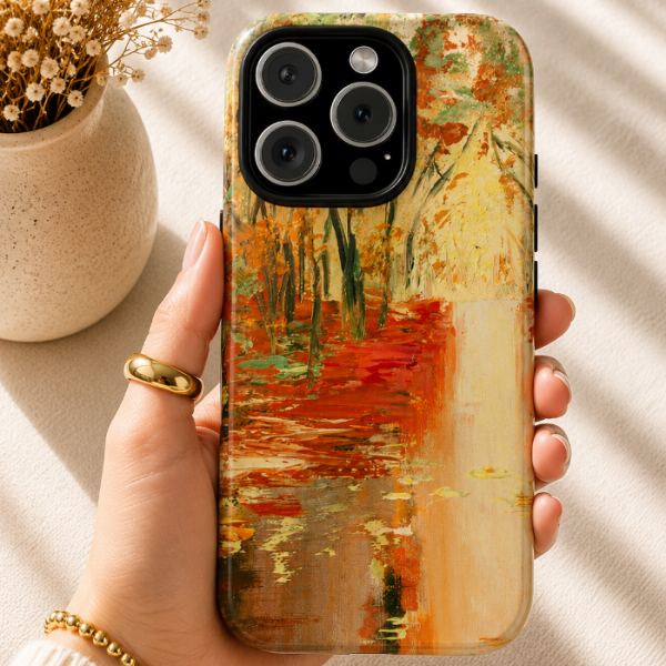 Golden Forest Reflection Phone Case – Impressionist Nature Painting by Alina Madan Art