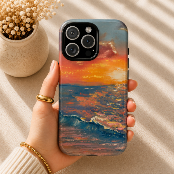 Golden Hour Ocean Wave Phone Case – Original Sunset Seascape Painting by Alina Madan Art