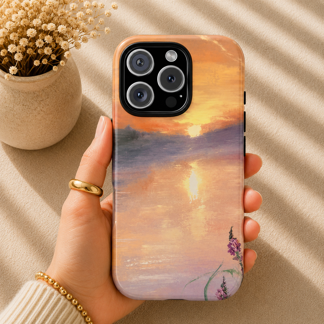 Golden Mist Lake Sunset Phone Case – Original Serene Landscape by Alina Madan Art