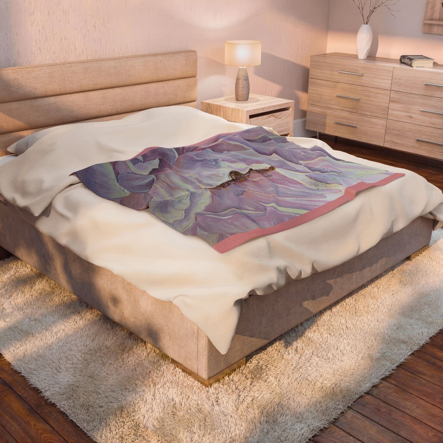 Pink Peony Illustration Blanket | Floral Velveteen Plush Throw