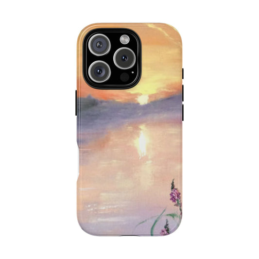 Golden Mist Lake Sunset Phone Case – Original Serene Landscape by Alina Madan Art