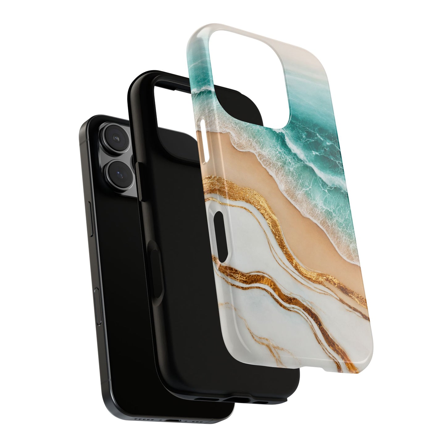 Golden Tide Serenity Phone Case  | Ocean Wave & Sandy Beach Design with Gold Accents