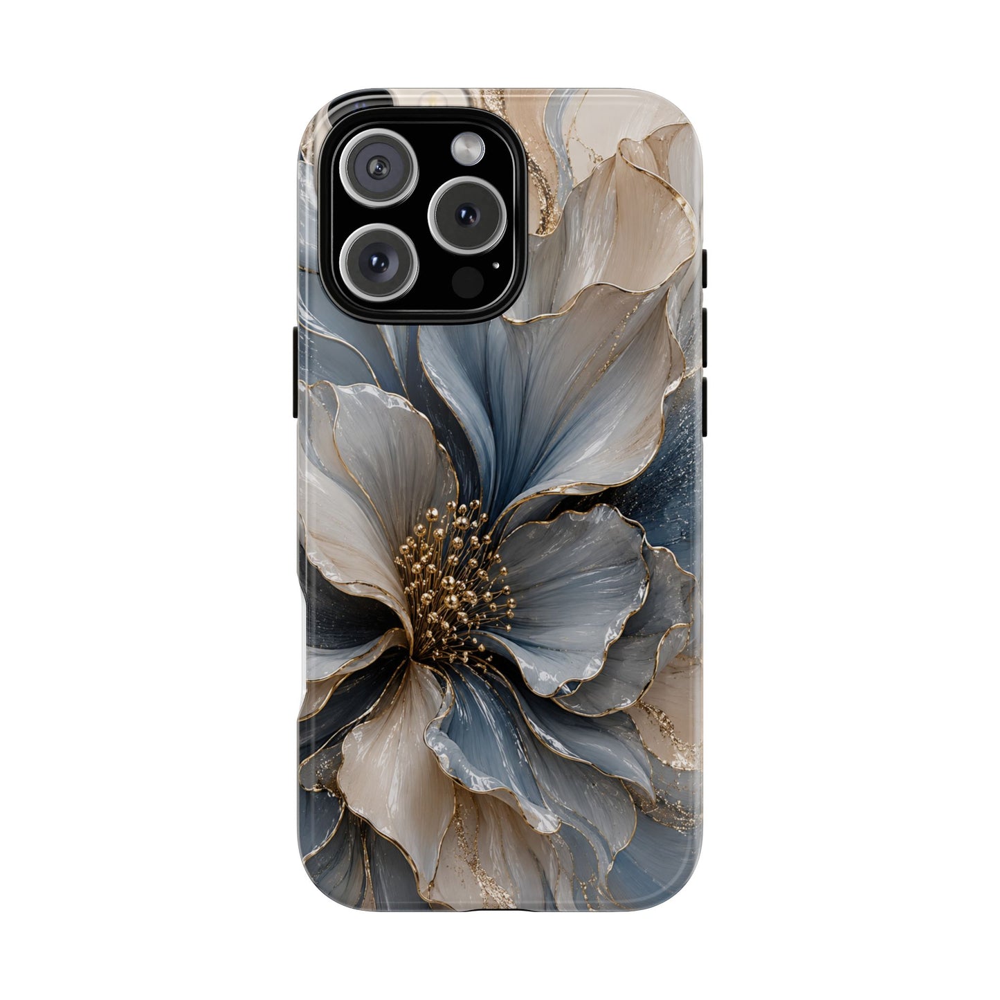 Luxury Blue Sculptural Floral Phone Case | Abstract Gold Petal iPhone Case