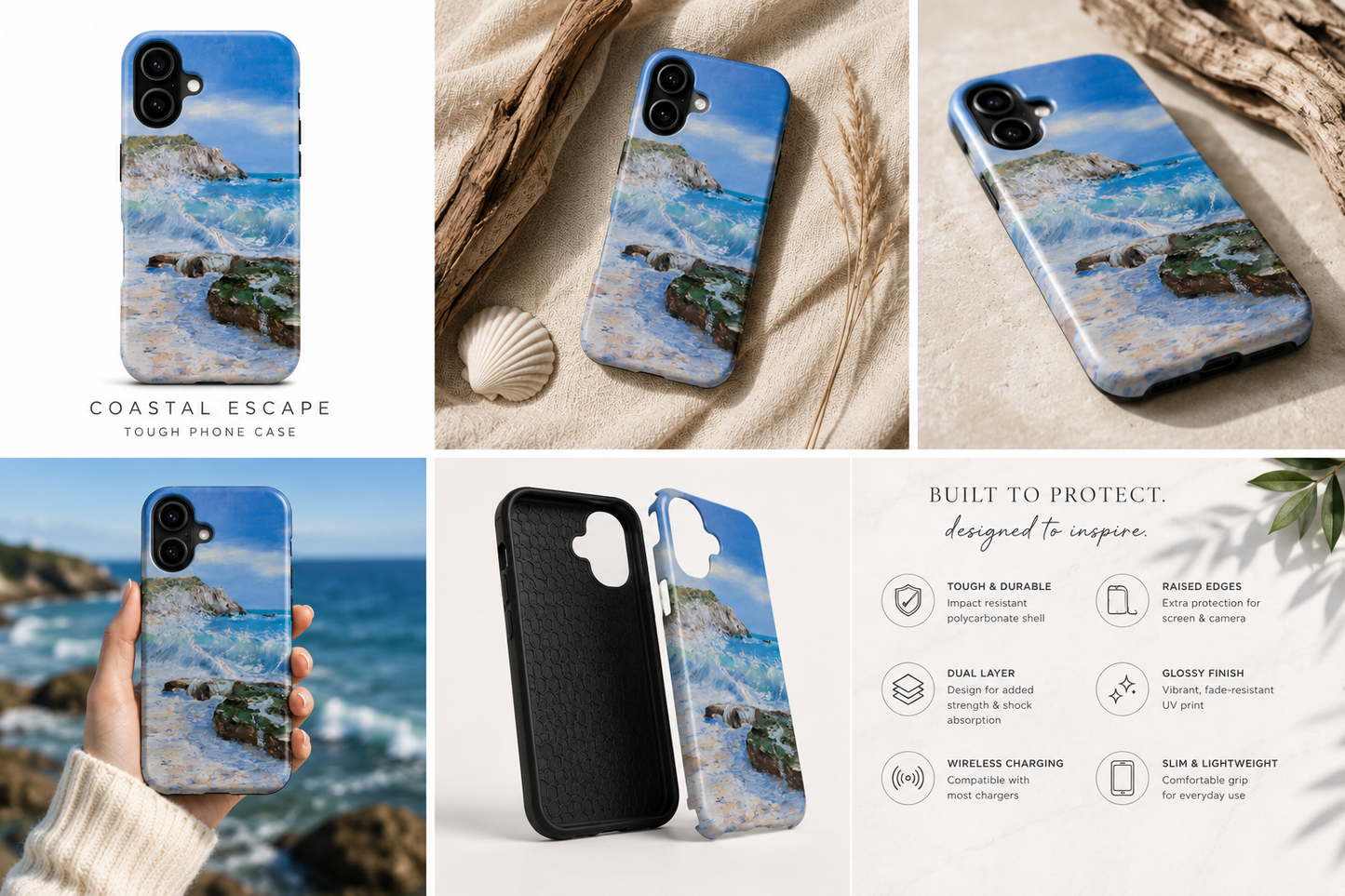 Coastal Wave Painting Phone Case | Ocean Beach Seascape, Rocky Shore