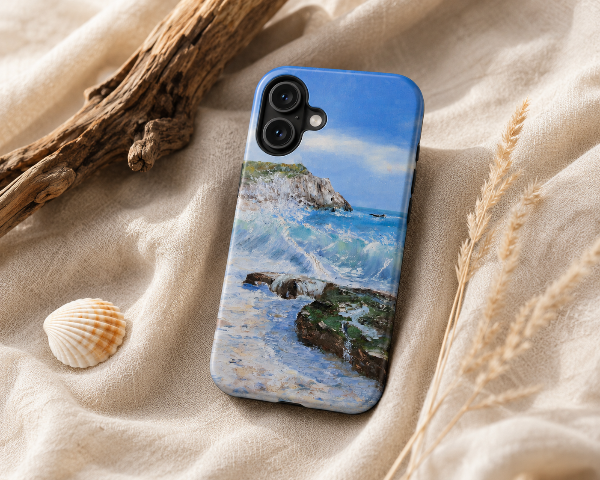 Coastal Wave Painting Phone Case | Ocean Beach Seascape, Rocky Shore
