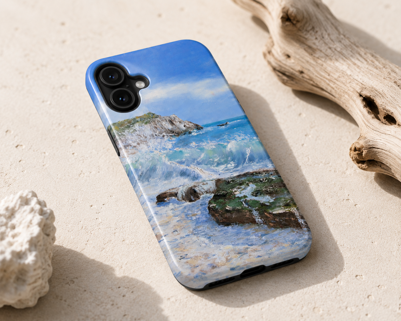 Coastal Wave Painting Phone Case | Ocean Beach Seascape, Rocky Shore