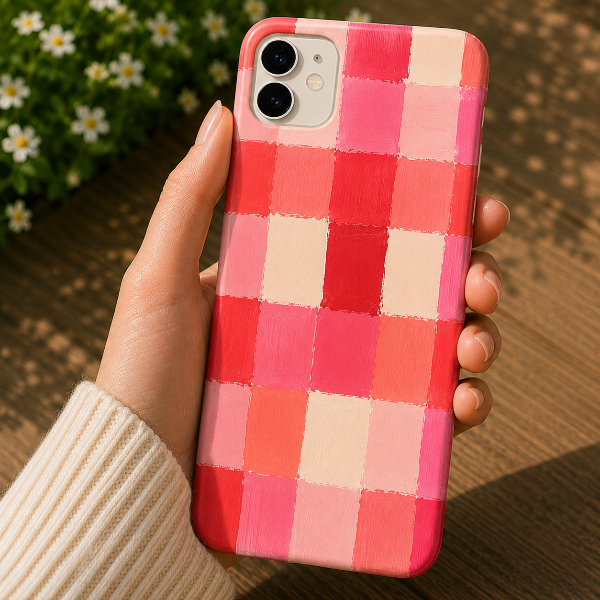 Painterly Gingham Phone Case | Pink Coral Checkered  Decor