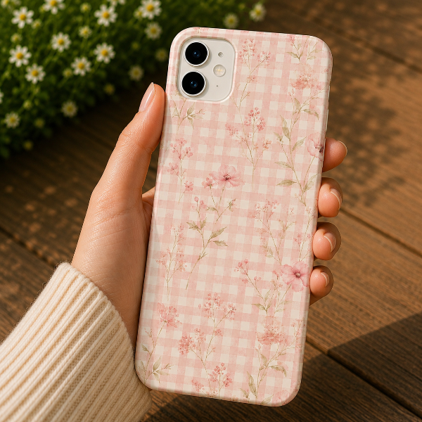 Pink Floral Gingham Phone Case | Soft Coquette Aesthetic , Feminine Pastel Luxury Design