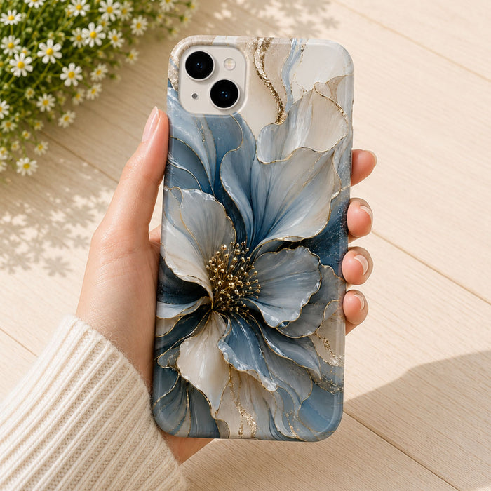 Luxury Blue Sculptural Floral Phone Case | Abstract Gold Petal iPhone Case